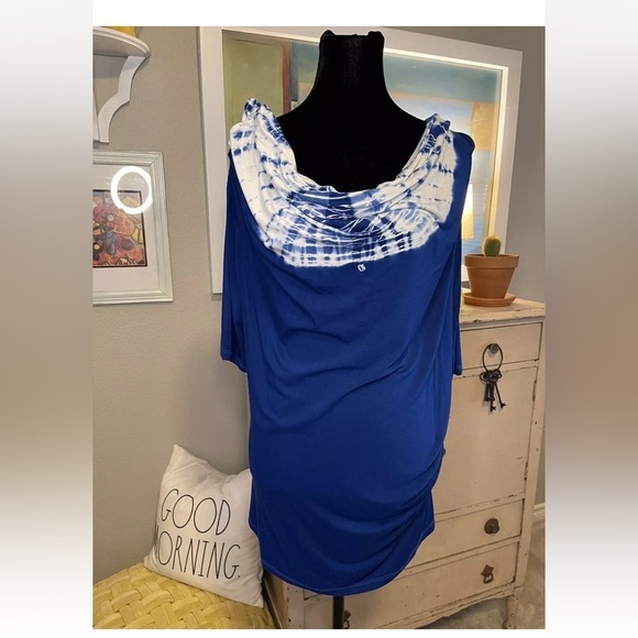 Soft Surroundings Top 1X Cowl Neck Tie Dye Blue Jersey Soft Vacation Beach USA - Picture 2 of 9